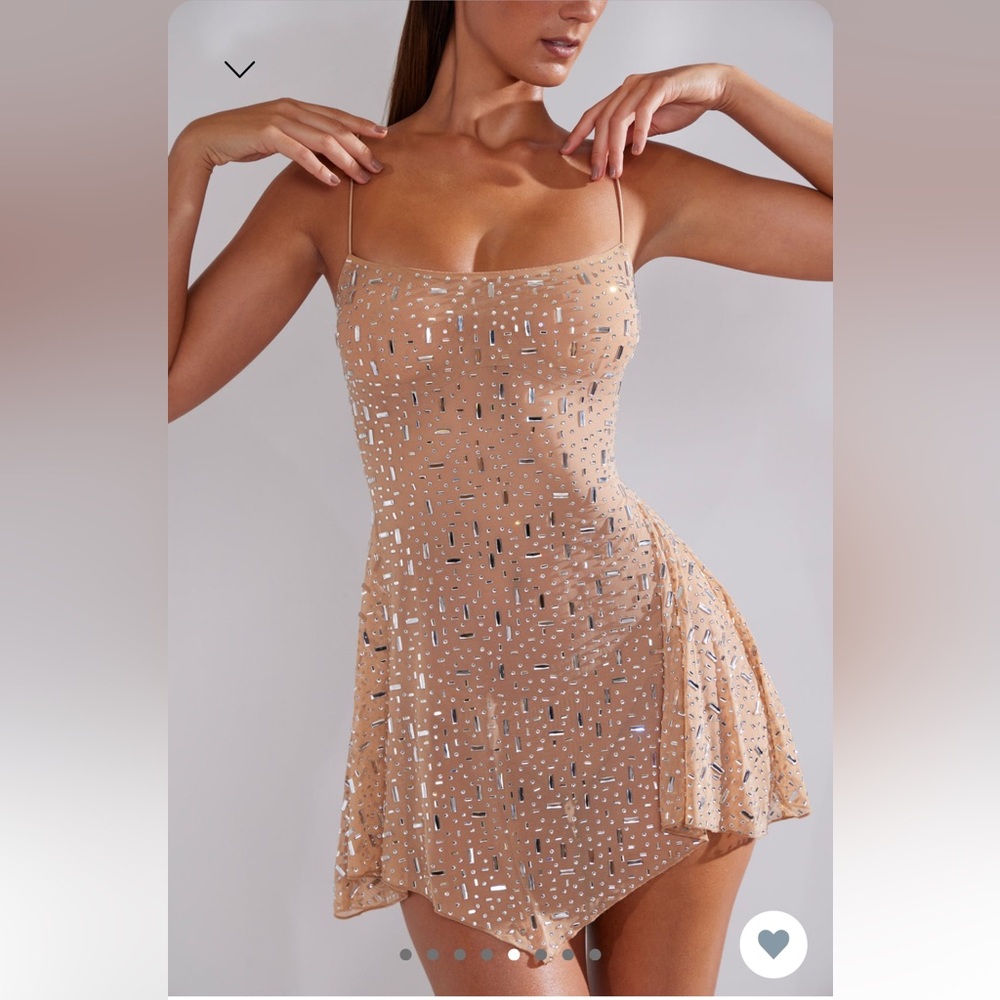 Oh Polly Durrani Sheer Embellished Scoop Neck Mini Dress in Almond New With Tag
